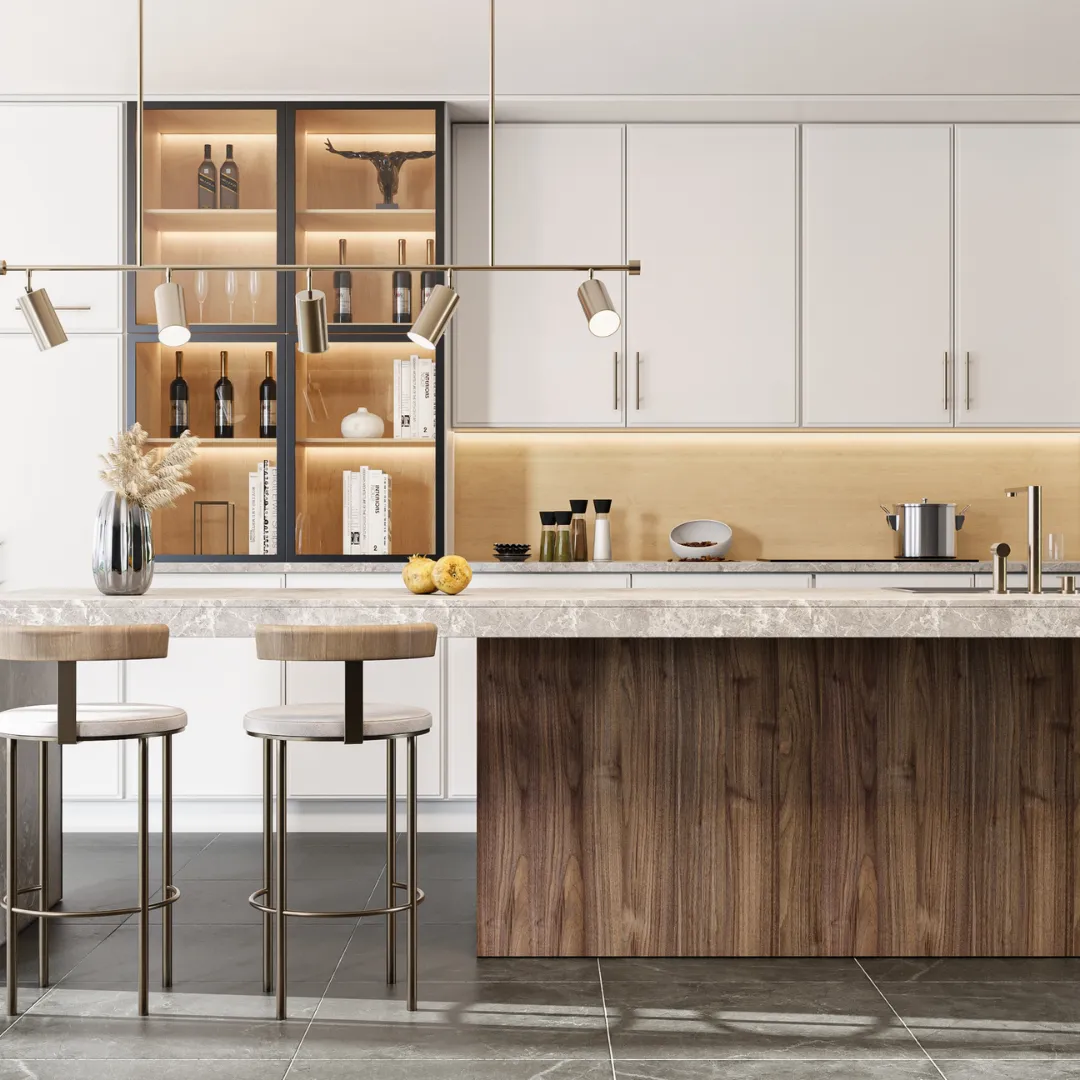 A futuristic, hyper-personalized kitchen in 2026 featuring sleek wood cabinetry, a vertical indoor herb garden, and a smart marble island with holographic cooking displays. A woman prepares food while a robotic kitchen arm assists in the background, all set against a backdrop of large windows and artistic wall murals