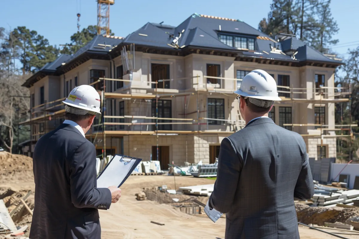 High-end residential development site with a modern mansion under construction. A professional in a suit and hard hat holds a clipboard, discussing plans with a contractor. Scene depicts efficiency, professionalism, and quality construction practices.