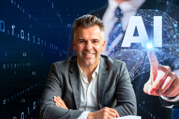 Dr. Nathan Adam, wearing a black blazer and white shirt, smiles in front of a digital-themed background featuring AI and technology elements. The text reads 'ChatGPT Conversation,' and the logo 'Dr. Adam Teaches Tech' appears in the corner.
