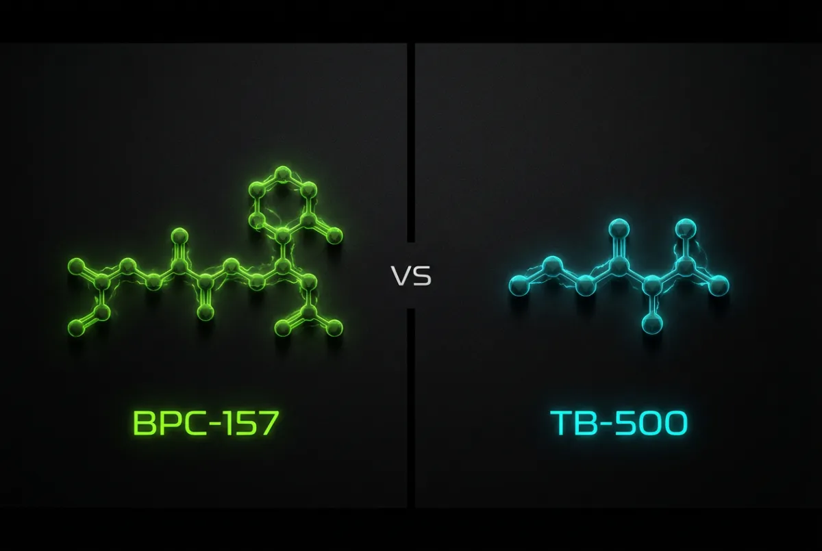 BPC-157 vs TB-500 peptide comparison showing molecular structures in neon green and cyan on black background