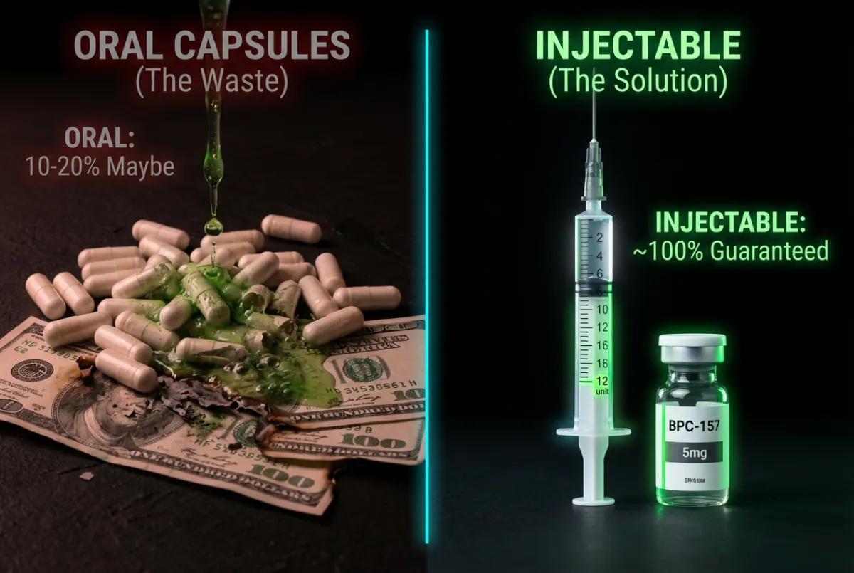 BPC-157 oral capsules vs injectable comparison showing bioavailability difference with dissolving pills and insulin syringe on black tactical background