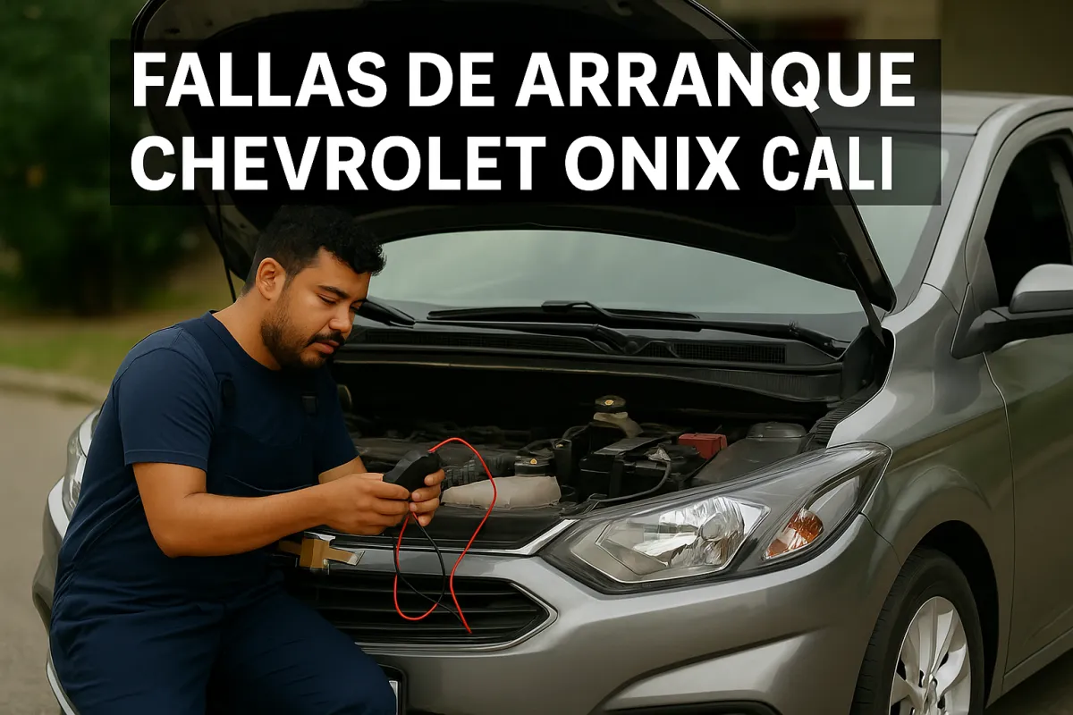 Técnico automotriz caleño diagnosticando la batería y sistema de arranque de un Chevrolet Onix en Cali, durante revisión profesional de Servidcar SAS.