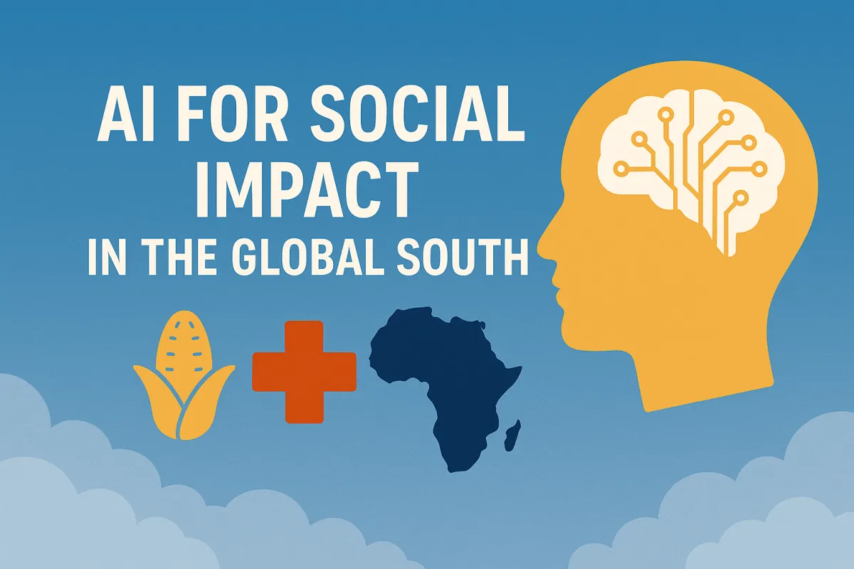 AI for Social Impact in the Global South with icons for agriculture, healthcare, and Africa