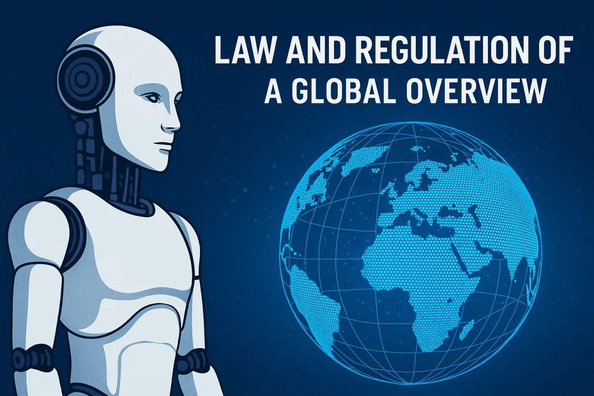 A humanoid robot with a digital globe, symbolizing global AI regulation