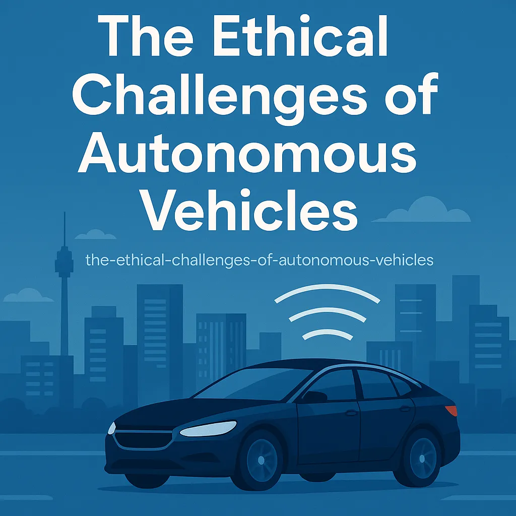 Illustration of an autonomous vehicle in a city with ethical decision-making technology signals