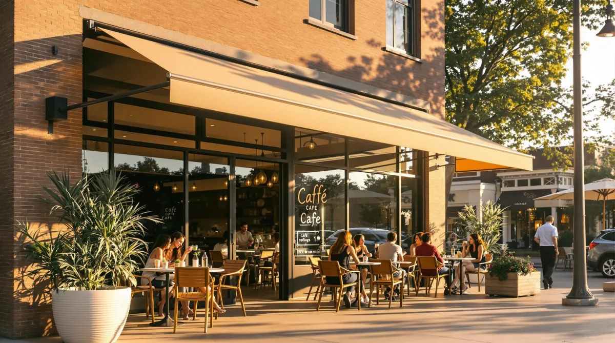 Outdoor café with a modern retractable awning providing shade for customers dining under warm sunlight.