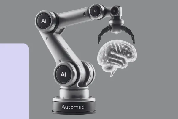 Realistic image of a sleek, modern robot arm holding a glowing AI brain, symbolizing the integration of intelligence and automation in business. The background is neutral, focusing attention on the robot arm and brain. The text 'Automee: AI Automation Simplified' is subtly placed at the bottom, highlighting Automee's role in AI-driven automation solutions.