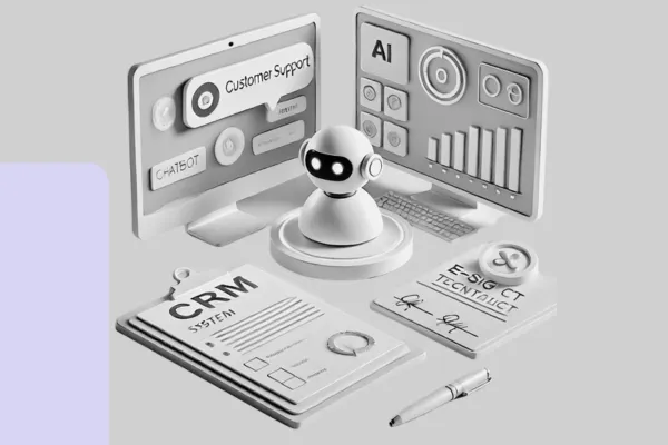 3D illustration showing AI bots, CRM dashboard, and e-signature tools in a modern business setting.