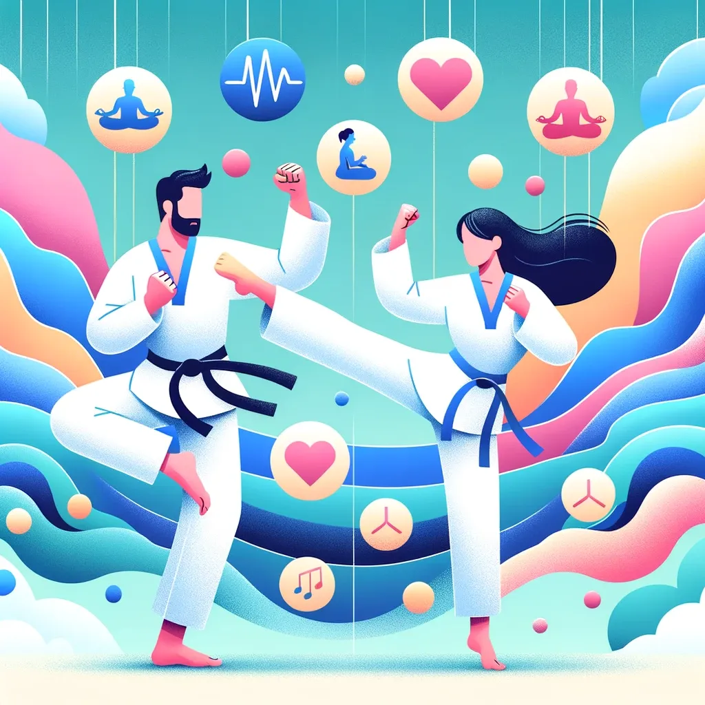  Illustration of Adult Martial Artists and Stress Relief Symbols_ A dynamic illustration showcasing two adults, a Middle Eastern man and a Hispanic woman