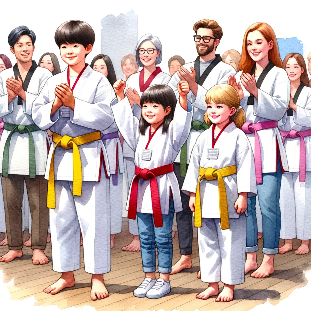 Watercolor Painting of Children Celebrating Achievements_ A heartwarming watercolor scene set after a grading ceremony at the Family Taekwondo Academy