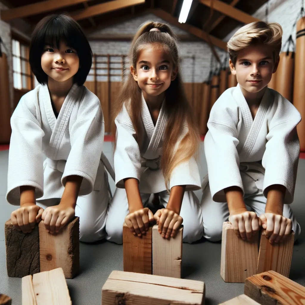 Photo of Kids Building Confidence_ Within the dojo, children of various descents, including an Asian girl and a European boy, break wooden boards