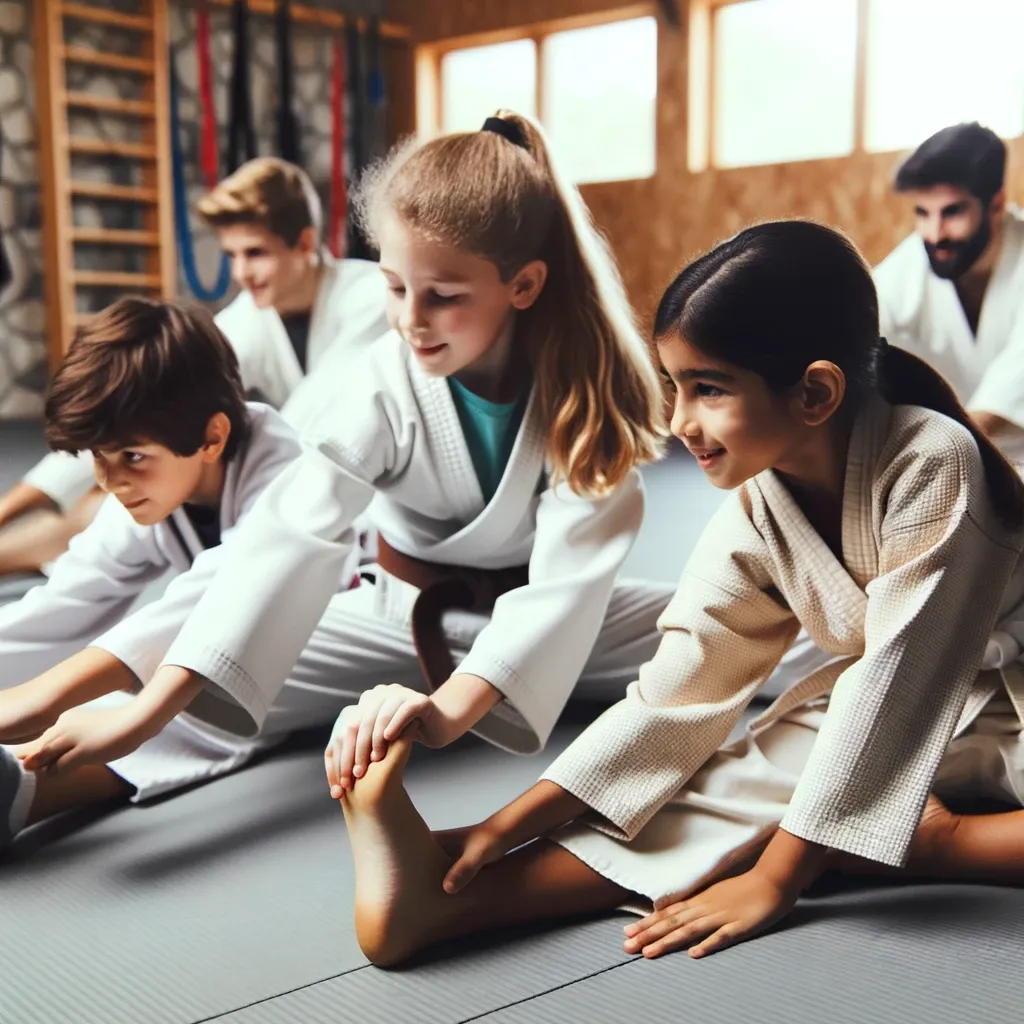 Photo of Kids Practicing Flexibility and Strength_ Inside the dojo, a diverse group of children, including a Middle Eastern girl and a European boy