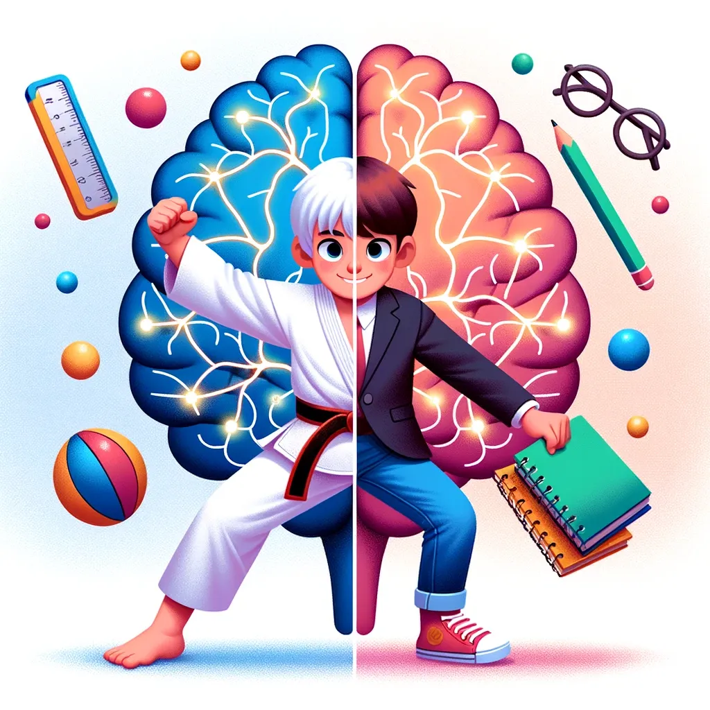 llustration of Brain and Body Coordination_ A colorful illustration featuring a child of European descent, with one half of the body executing a martial arts pose