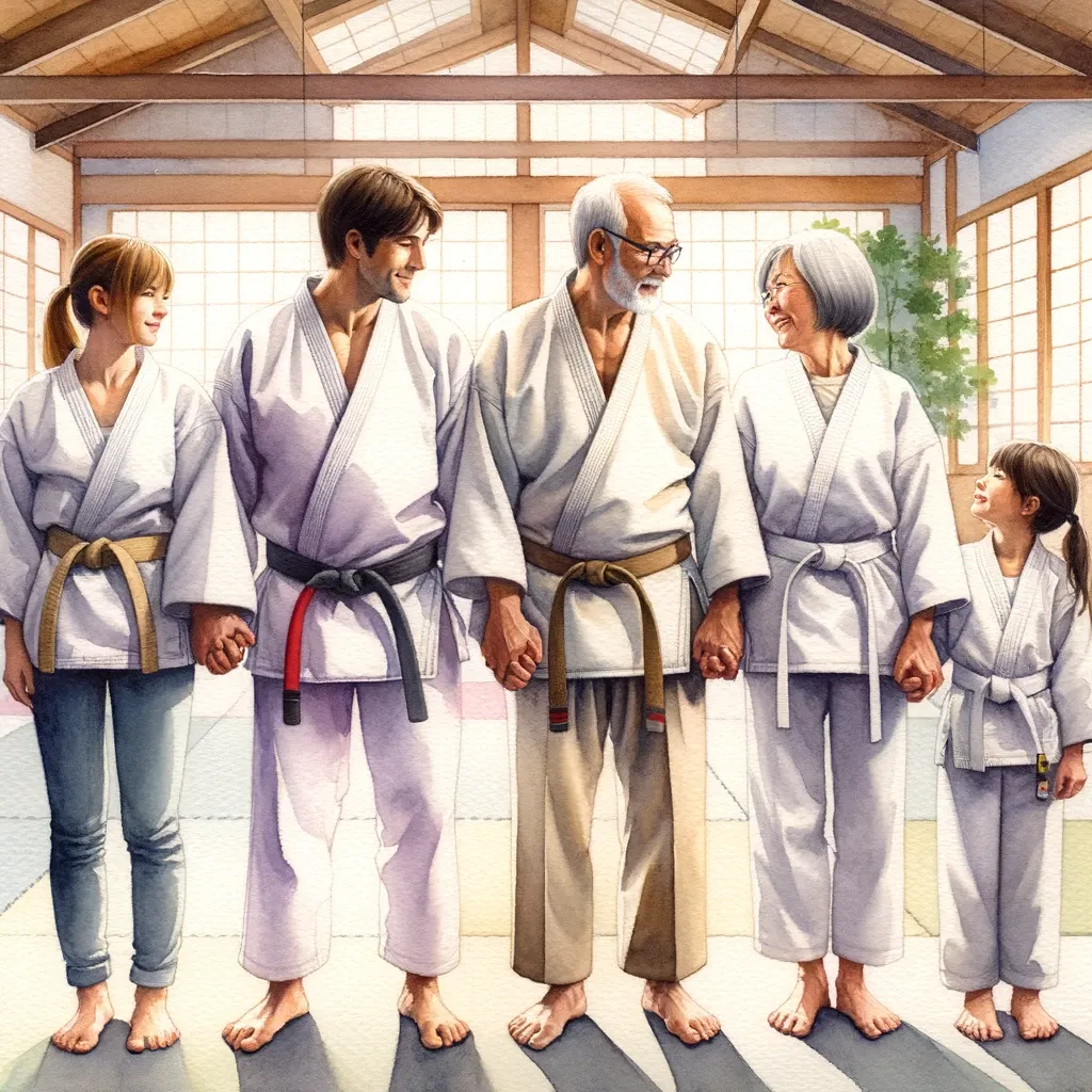 Watercolor Painting of Family's Martial Arts Journey_ A touching watercolor narrative depicts a family of European descent at different stages