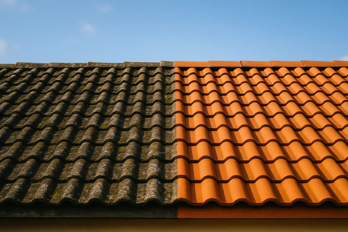 Comparatif avant/après d’un nettoyage de toiture : tuiles couvertes de mousses et salissures à gauche, toiture propre et protégée par traitement hydrofuge à droite.