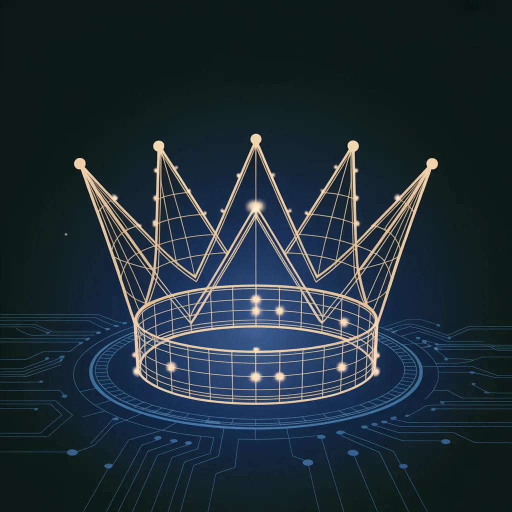 Golden crown forming from blueprint lines, symbolizing startup growth into an empire.