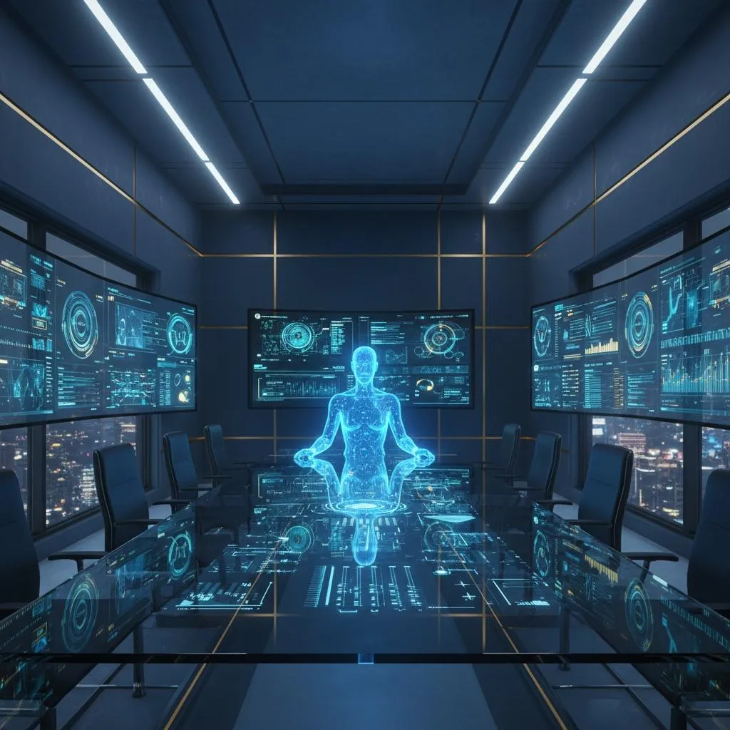 AI hologram leading a boardroom, symbolizing an AI COO running business operations.