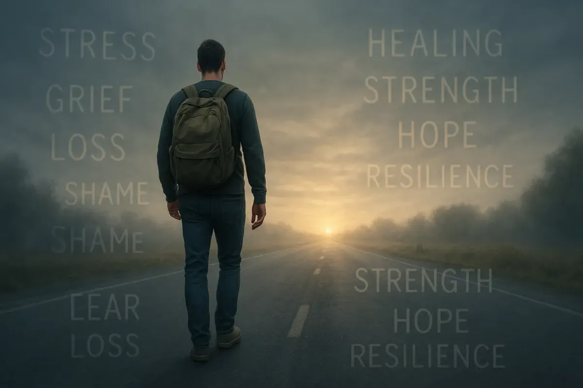 Man walking road toward resilience, emotional strength, and trauma recovery words.