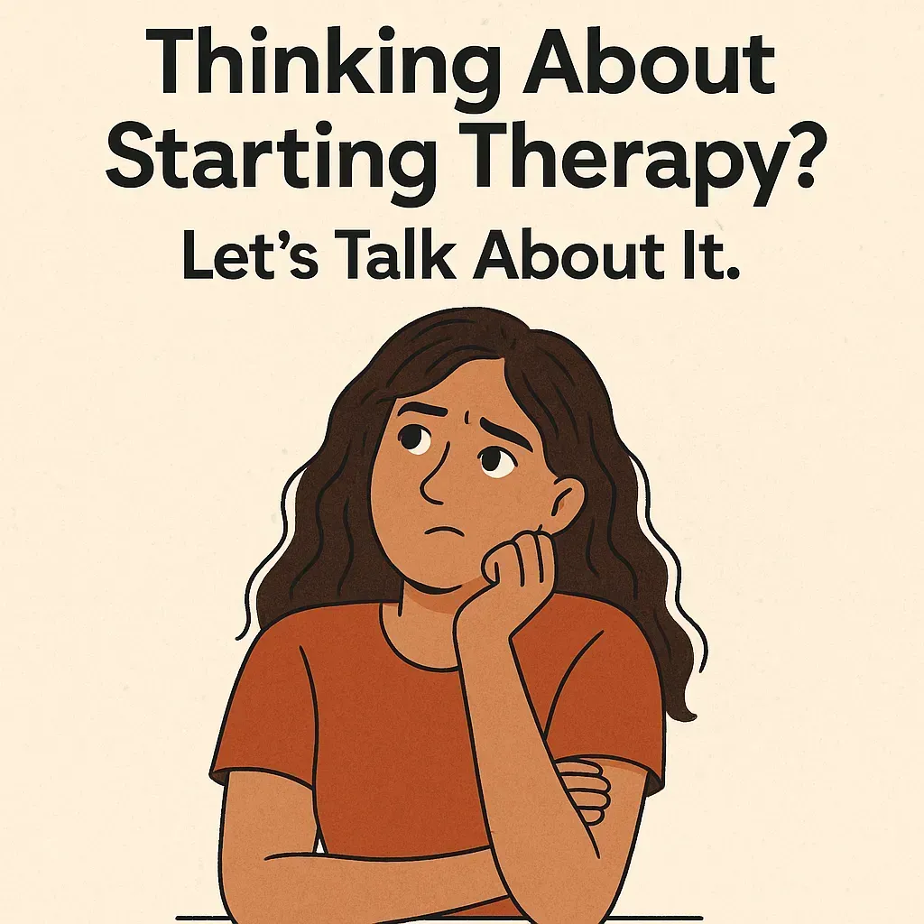 A cartoon of a woman thinking about starting therapy.