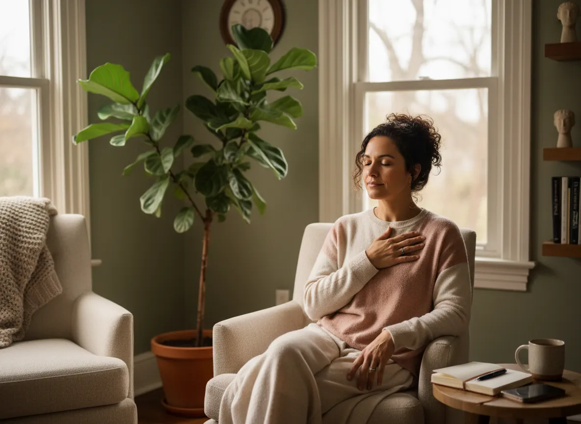 a woman with her hand on her heart breathing sitting compfortably