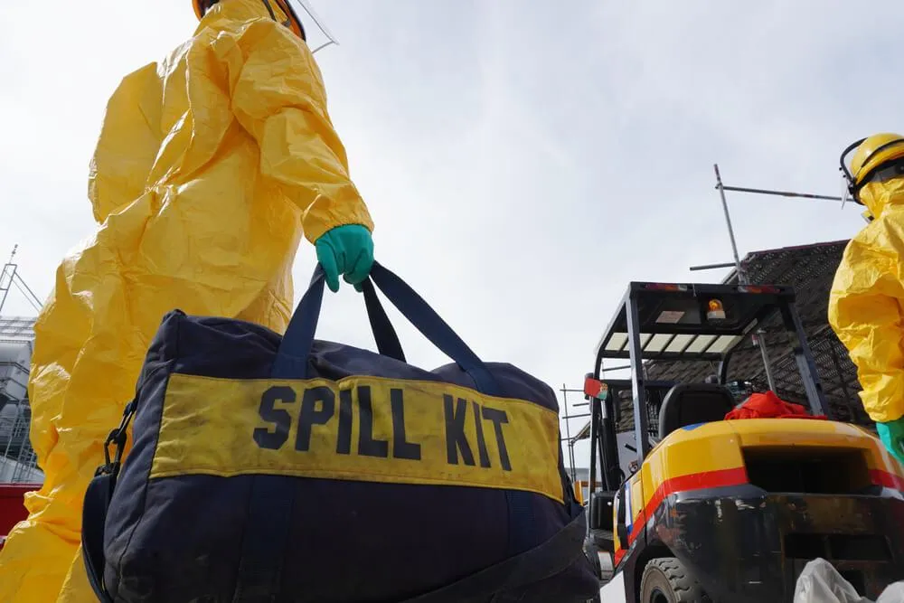 Workers wearing a personal protective equipment carrying a bag of spill kit