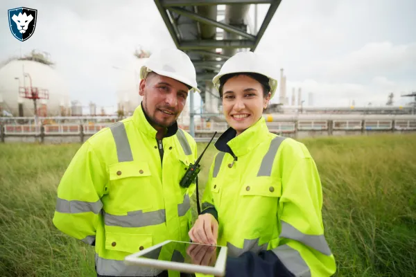 Two workers in an oil refinery