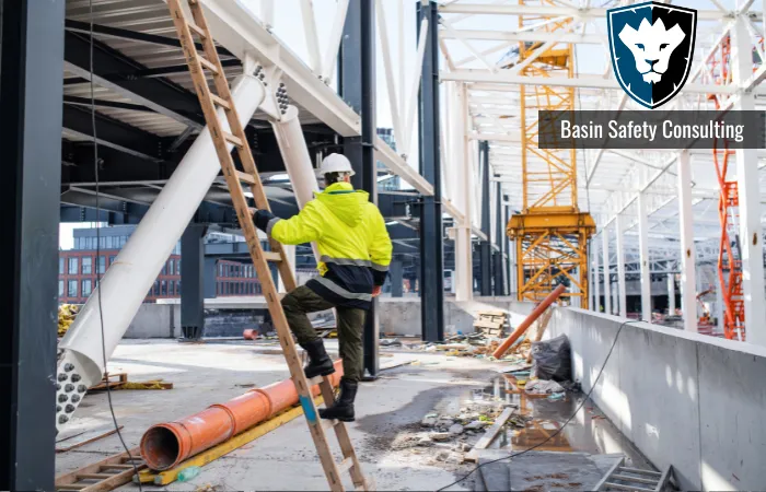 Construction worker climbing a wooden ladder