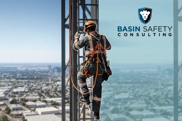 Construction worker using ladder stabilizer for safety