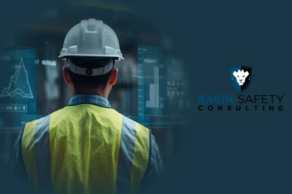 A construction worker wearing a smart vest and AR-enabled helmet, with digital data overlays showing safety stats.