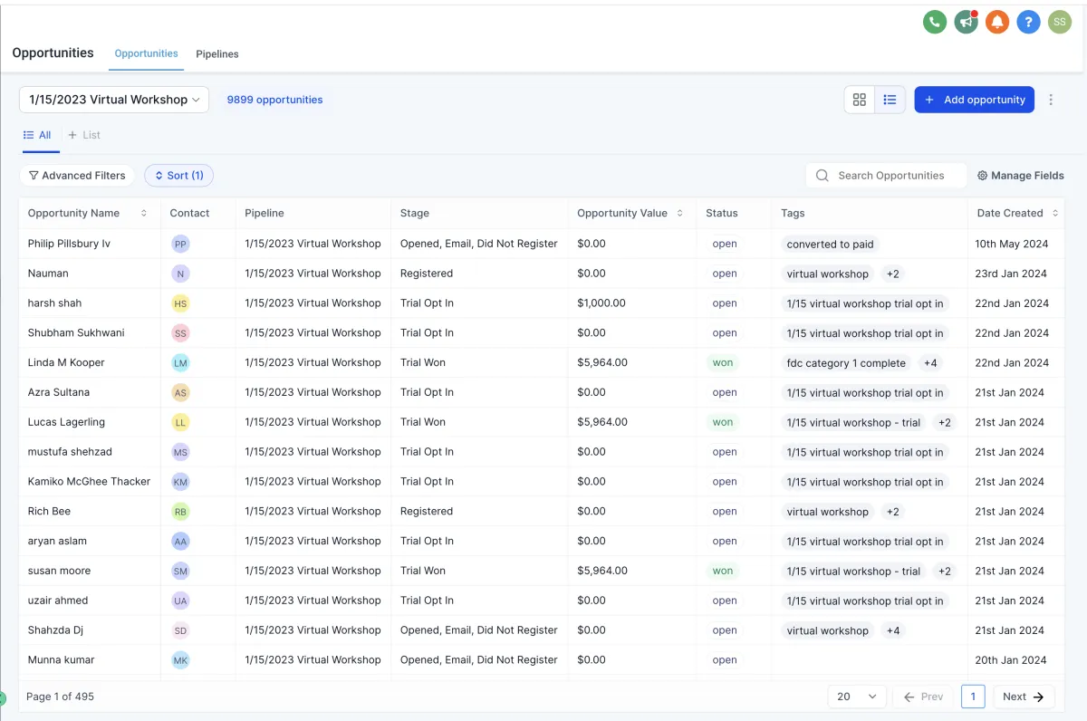 Ignite Funnels Opportunity List View