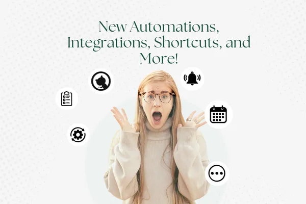 Graphic depicting new updates from Notion such as new automations, integrations, shortcuts, and more