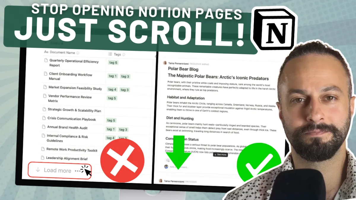 YouTube thumbnail with text 'STOP OPENING NOTION PAGES JUST SCROLL!' showing a split screen of a Notion table view on the left with a red X and 'Load more' button, and a Notion feed view on the right with a green check mark. A man with a beard is on the right side of the image, and the Notion logo is in the top right corner.
