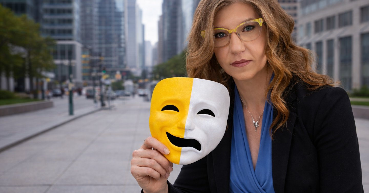 A picture of a woman holding a two faced mask on a busy city street