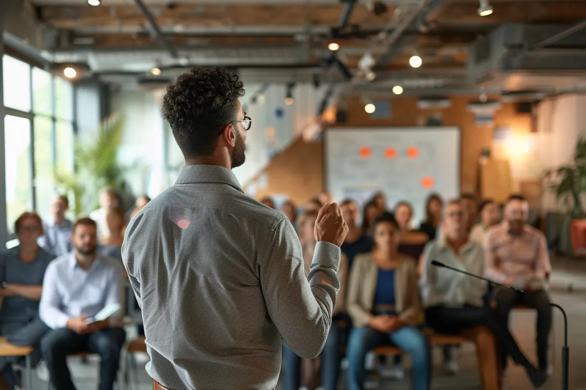 A charismatic leader standing in front of a group of employees, passionately addressing them.