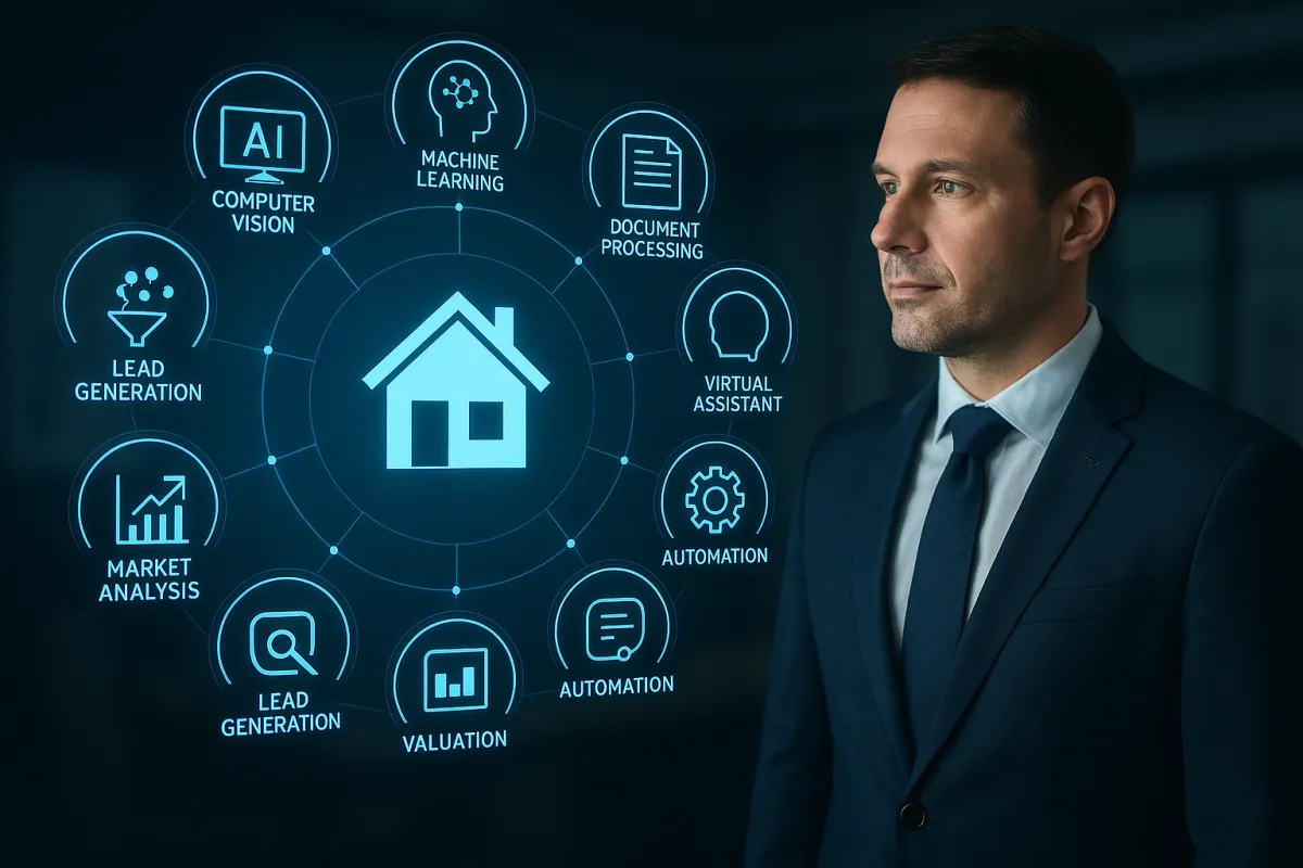 "A real estate agent in a dark office stands in front of a glowing holographic display featuring a central house icon surrounded by various AI tools such as lead generation, market analysis, valuation, automation, virtual assistant, document processing, machine learning, and computer vision. The agent, wearing a dark suit and tie, looks thoughtfully at the interface, which casts a blue light on his face.