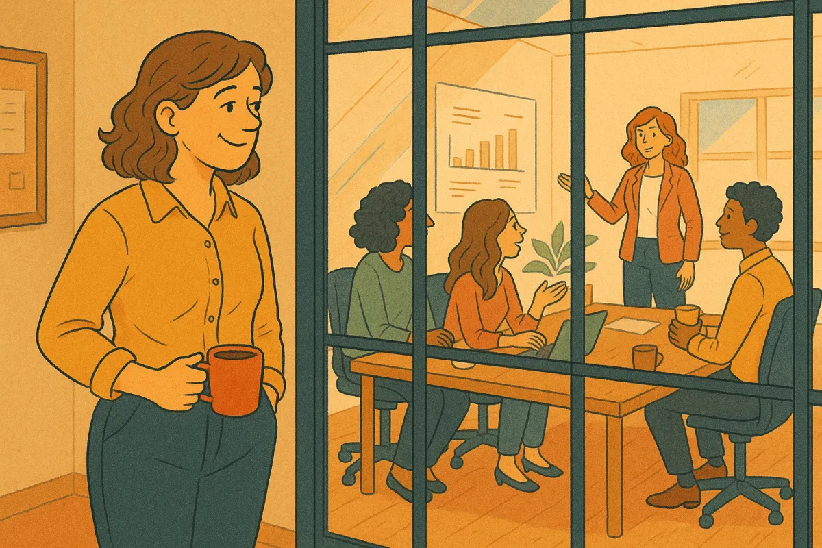 Illustration of a small business team in a meeting with a newly hired manager leading the conversation, while the business owner watches supportively in the background—symbolizing the shift from owner-led to manager-led leadership.