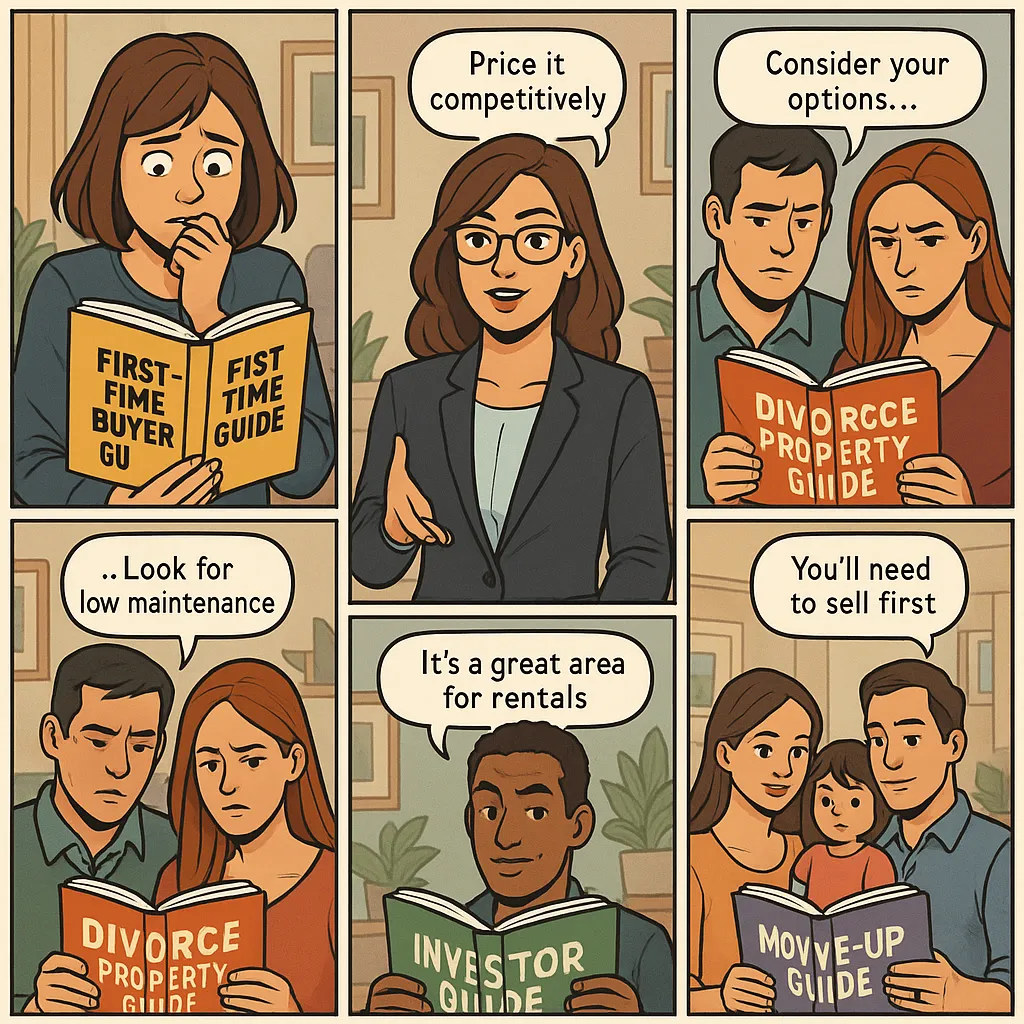 Six real estate clients with unique needs — from a first-time buyer to a divorcing couple — receiving personalized guides from an agent, emphasizing the power of tailored follow-up and segmented lead magnets.