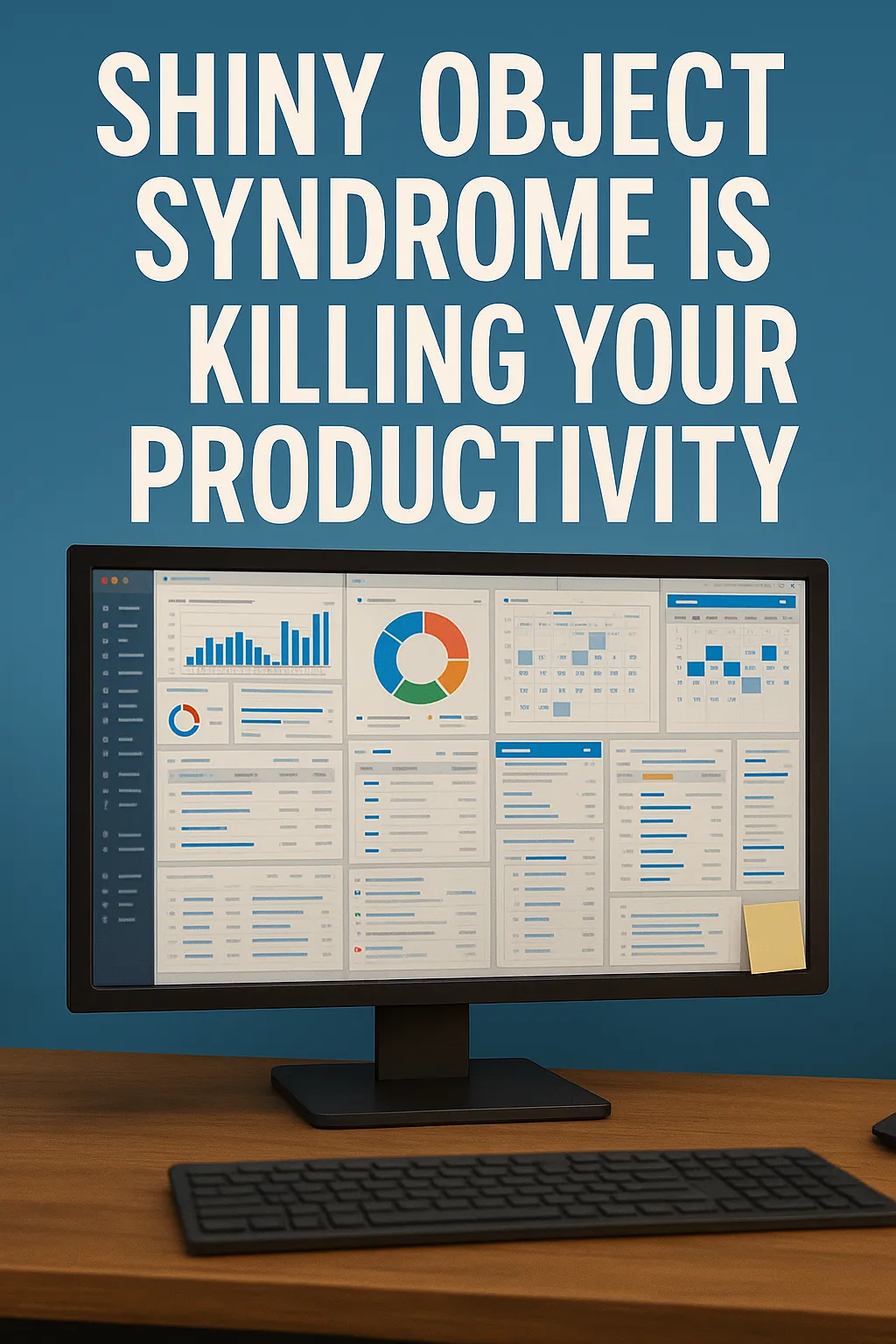 A computer monitor displays an overly complex dashboard filled with colorful charts and widgets. Above it, bold white text screams "SHINY OBJECT SYNDROME IS KILLING YOUR PRODUCTIVITY," with orange text below reading "How to build a tech stack that actually works."