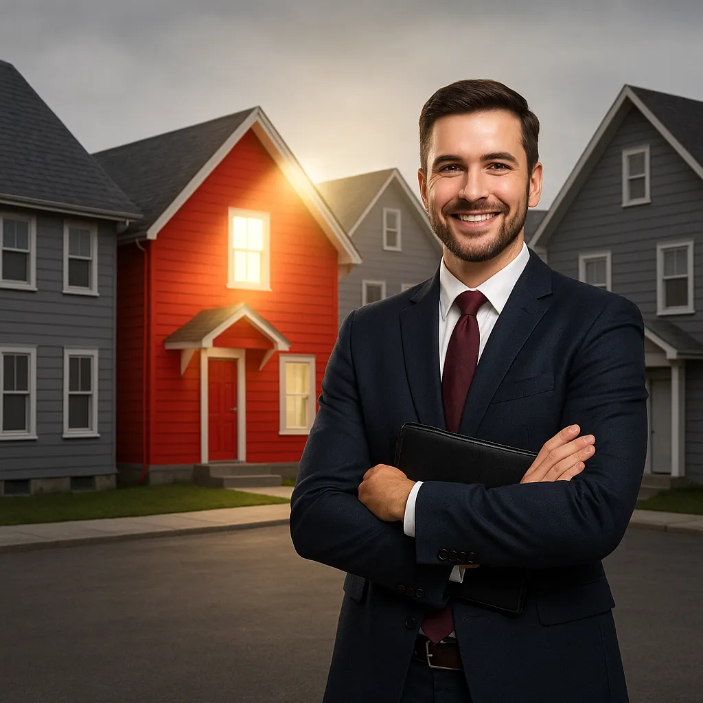 A confident real estate agent in a navy suit stands with folded arms in front of a row of gray suburban houses. One bright red house behind him is illuminated by a spotlight, highlighting how he helps clients stand out in a crowded market.