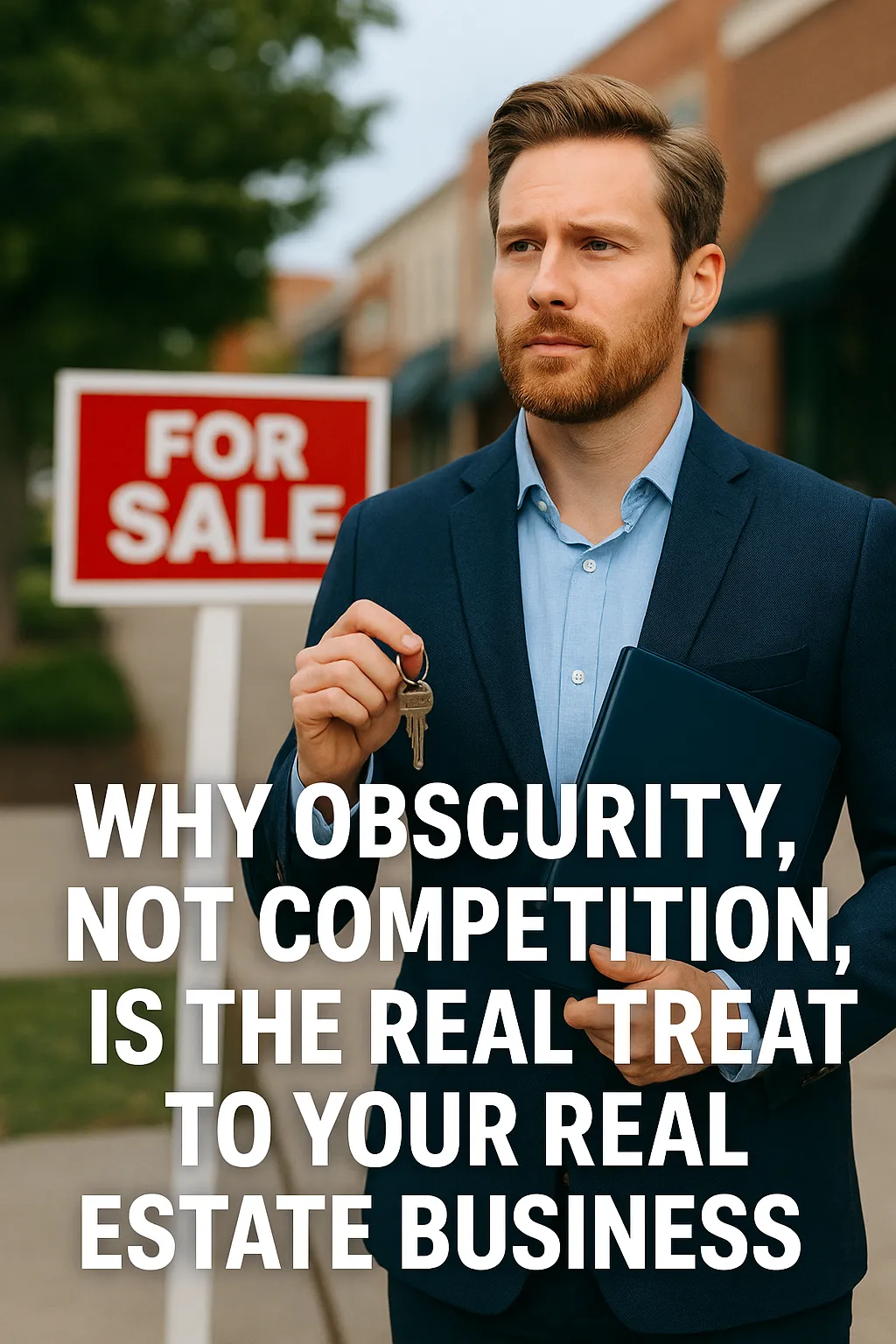 A confident real estate agent in a navy suit stands on a suburban sidewalk holding a clipboard and keys, with a “FOR SALE” sign and commercial buildings blurred in the background—professional, polished, and ready to be seen.