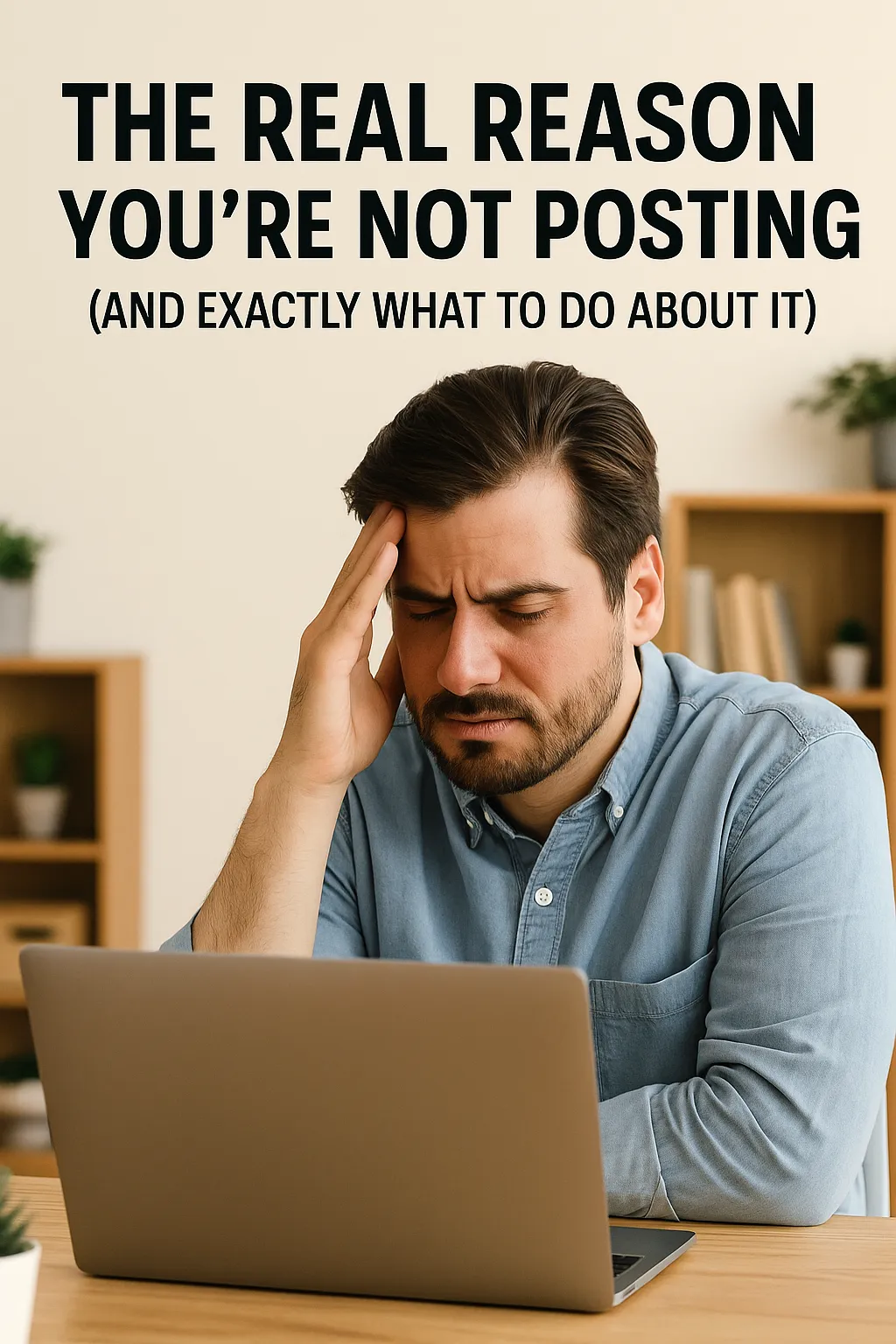 A frustrated man in his 30s, seated at a wooden desk with a laptop, rests his head in his hand, overwhelmed. Behind him is a softly blurred home office with plants and bookshelves. Text reads, "The Real Reason You’re Not Posting (And Exactly What to Do About It)."