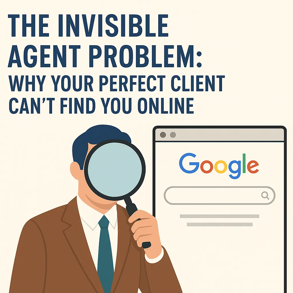 A stylized illustration shows a suited figure holding a magnifying glass over his face beside a large Google search page, symbolizing the challenge of online invisibility for real estate agents.