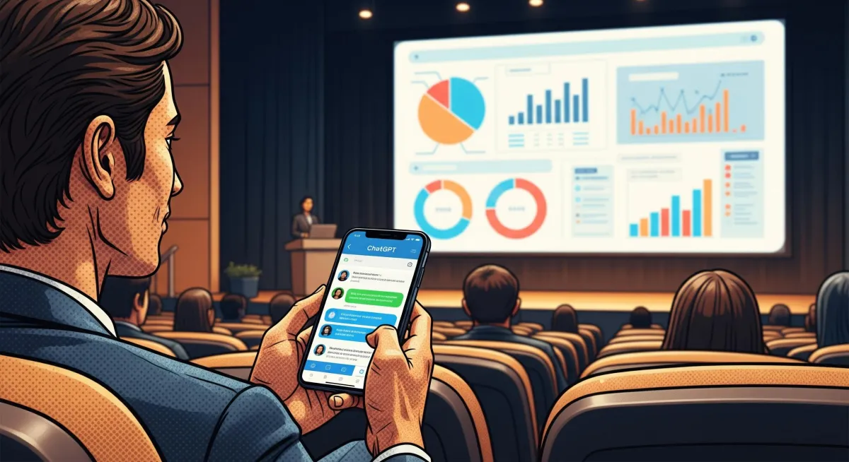 A man sits in a conference audience, looking at a presentation slide full of colorful charts and graphs while holding his phone, where ChatGPT is open and providing real-time insights.