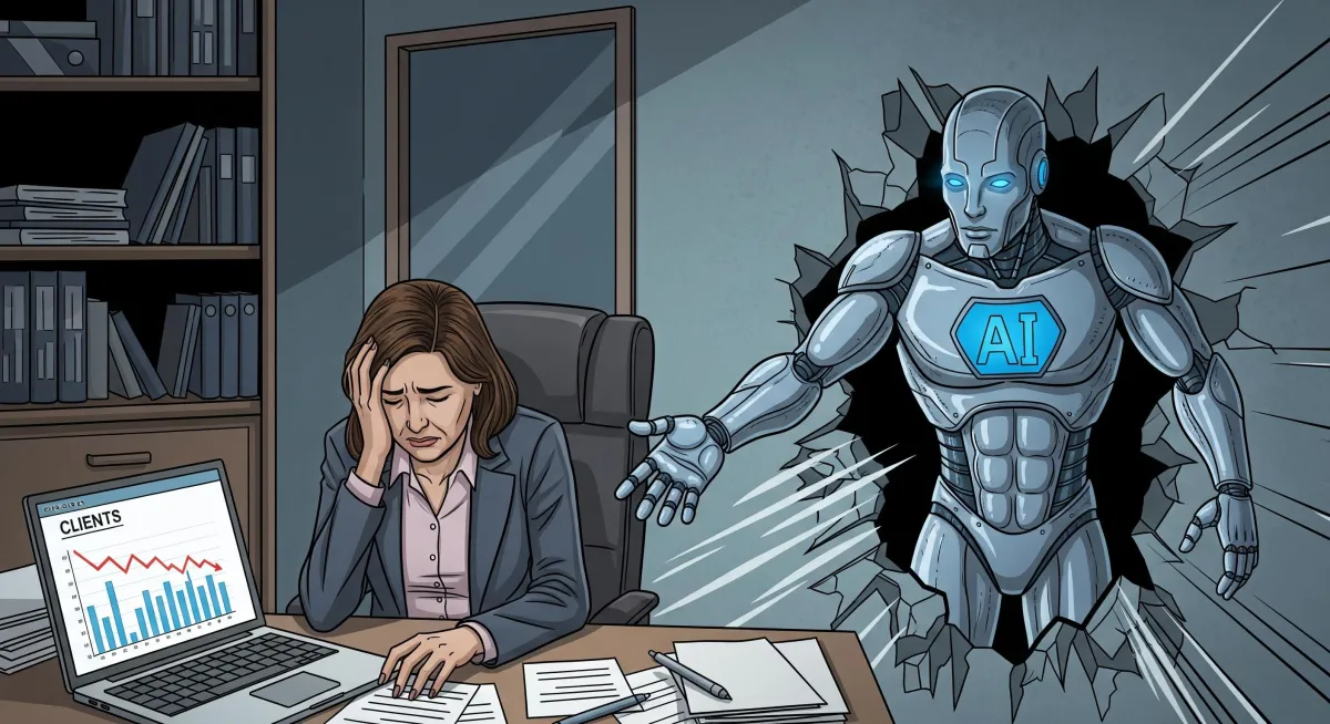 A stressed businesswoman sits at her desk with her head in her hand, looking worried as a laptop screen shows a declining clients chart. Behind her, a futuristic robot labeled ‘AI’ bursts dramatically through the wall, reaching toward her
