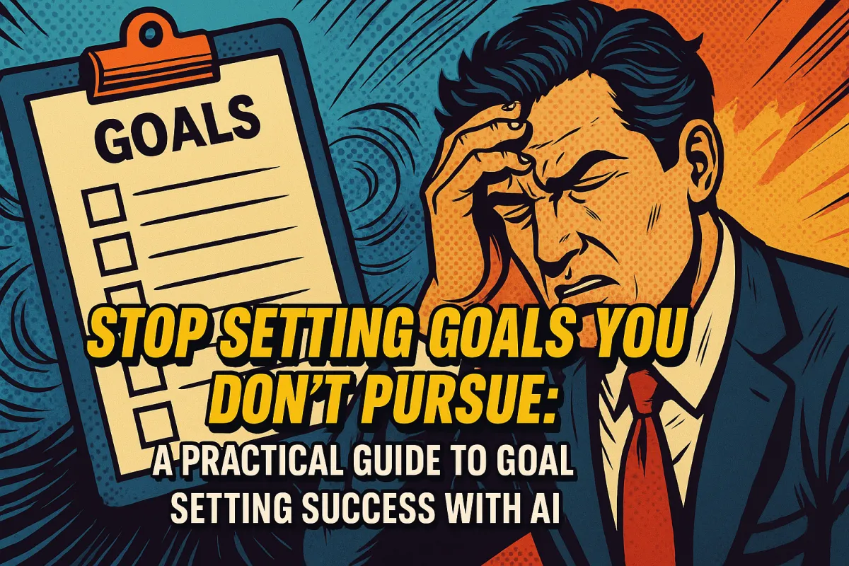 Comic-style artwork showing a stressed businessman holding his forehead, a blank goals checklist on a clipboard beside him, and the bold yellow blog title “Stop Setting Goals You Don’t Pursue: A Practical Guide to Goal Setting Success with AI” overlayed across the image.