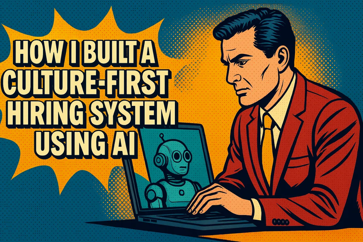 A retro comic-book-style blog cover shows a sharp-suited professional using a laptop with a cartoon AI robot on the screen. The full blog title, “How I Built a Culture-First Hiring System Using AI,” is clearly visible on the left in bold, cream-colored letters over a starburst yellow background, with teal and navy halftone patterns adding texture and flair.