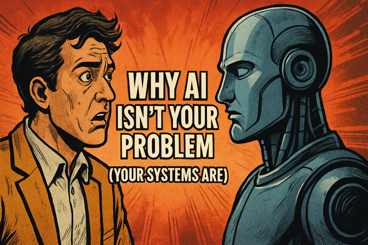 A dramatic comic-style illustration showing a startled entrepreneur facing off against a stoic humanoid robot. The centered title “WHY AI ISN’T YOUR PROBLEM (YOUR SYSTEMS ARE)” stands out between them on a fiery orange background, highlighting the central tension.
