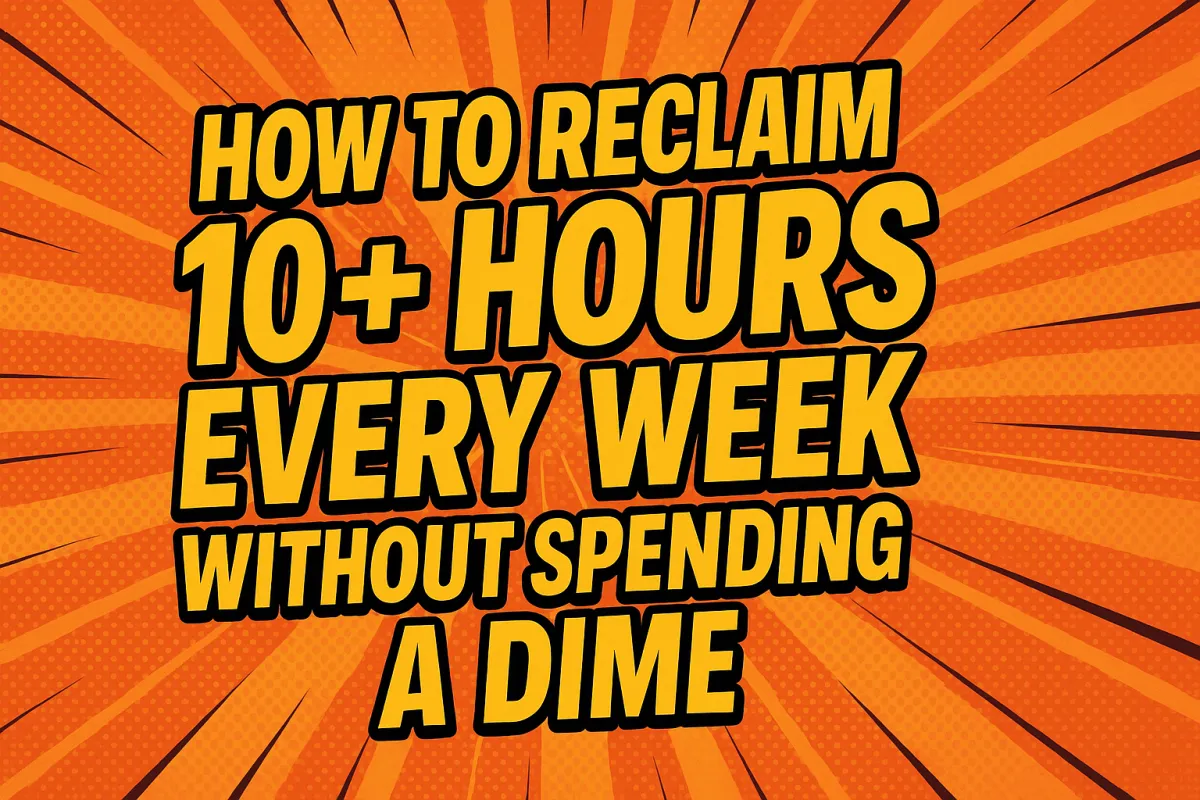 A comic book‑style illustration with bold yellow text reading “How to Reclaim 10+ Hours Every Week Without Spending a Dime” outlined in black, set against a dynamic orange background with halftone dots and radial lines.