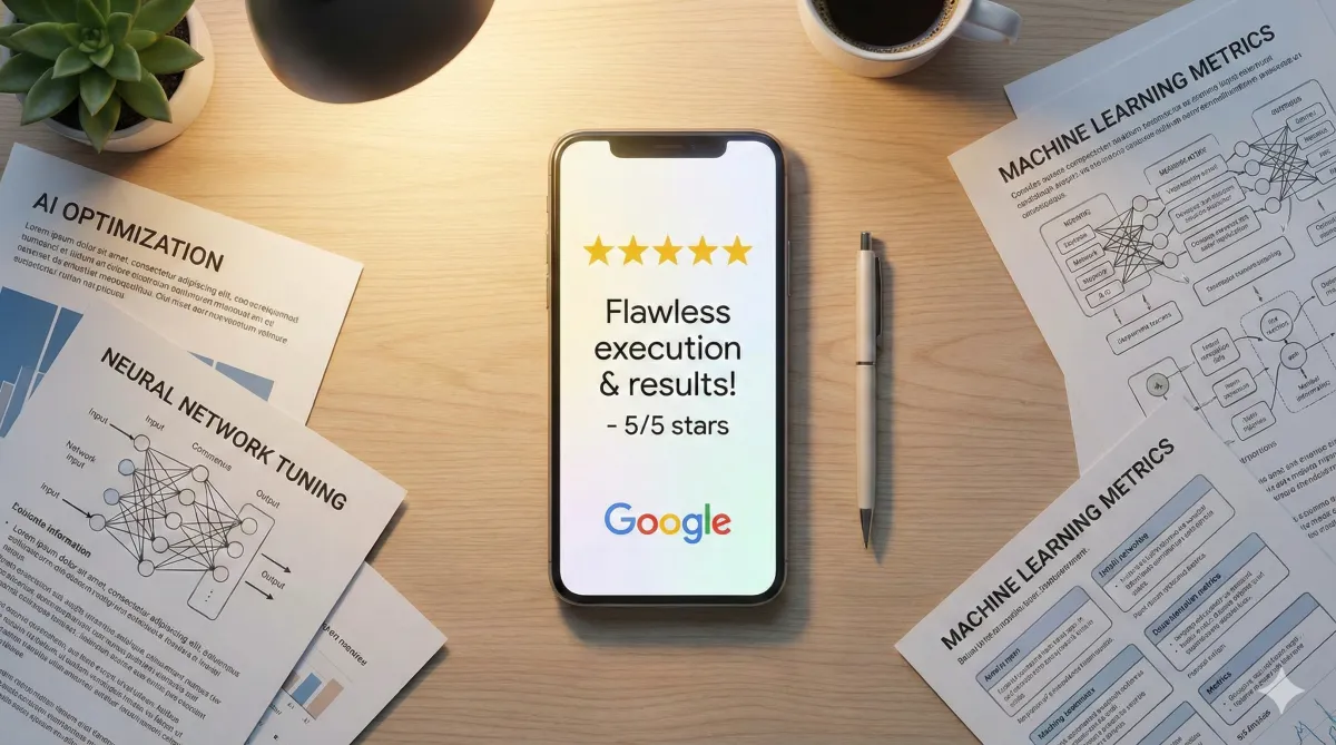 A photorealistic, top-down view of a minimalist business desk with warm lighting. Centered in the frame is a smartphone screen glowing with a perfect 5-star Google review. Surrounding the phone, papers filled with technical charts and the text "AI optimization" are pushed to the outer edges, emphasizing the customer result over the technical process.