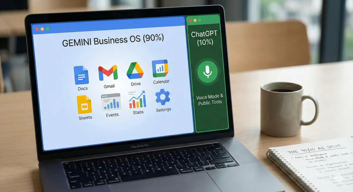 A workspace setting featuring a laptop screen that visualizes the '90/10 AI Split' workflow. The screen displays a large window labeled 'Gemini Business OS (90%)' containing Google Workspace icons like Docs, Gmail, and Drive. A smaller sidebar labeled 'ChatGPT (10%)' highlights a microphone icon for Voice Mode. A coffee cup and a handwritten notepad sit on the desk beside the computer.